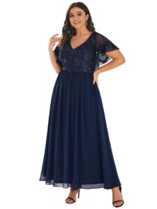 ever-pretty plus womens plus size backless ruffles sleeves sequin appliques maxi chiffon formal evening dress navy blue us26