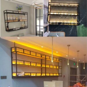 LED Wall Mounted Wine Rack, Customizable Metal Floating Shelves for Home, Restaurant, Bars, Bottle & Glass Holder with Upside Hanging Goblet