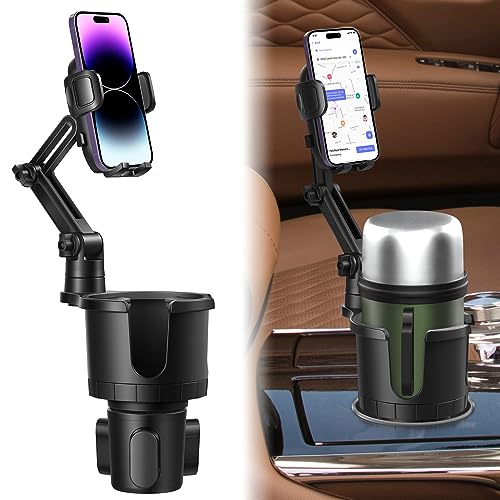 Cup Holder Phone Mount for Car with Expandable Base, 2-1 Phone Holder Car Cupholder Exptender Adapter for 10-40oz Drink Bottles, Mugs and Phone Holder for Car Fits All Smartphone