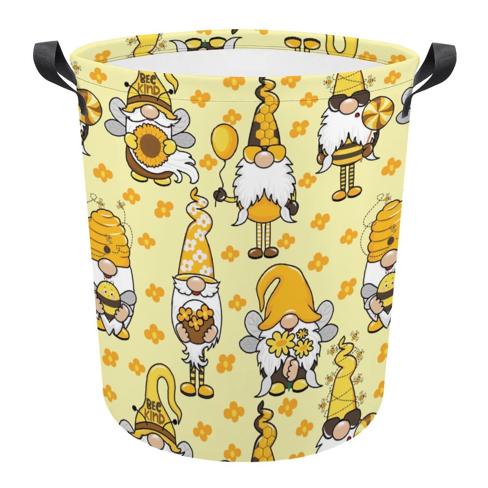 FISNAE Yellow Honey Bees Storage Baskets, Gnomes Flower Small Laundry Hamper-Collapsible Storage Bin with Handles Round Toy Organizer Bin for Kid's Room,Office,Nursery Hamper, Home Decor