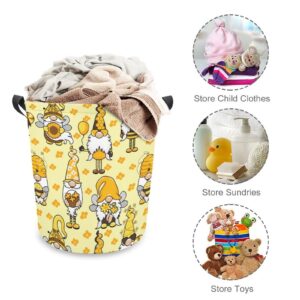 FISNAE Yellow Honey Bees Storage Baskets, Gnomes Flower Small Laundry Hamper-Collapsible Storage Bin with Handles Round Toy Organizer Bin for Kid's Room,Office,Nursery Hamper, Home Decor