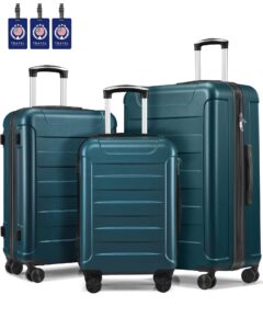 sunnytour 3 piece luggage set, hardside lightweight suitcase sets with spinner wheels (20"/24"/28", green blue)