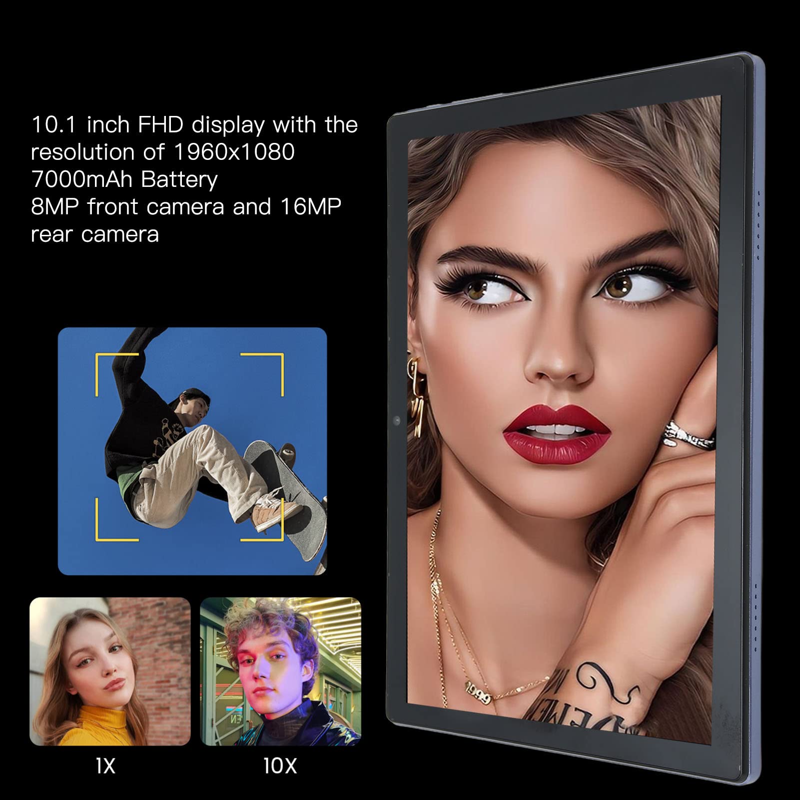 Vikye 10.1 Inch Tablet, 1960x1080 FHD Screen Octa Core CPU 4G LTE Tablet 8GB RAM 256GB ROM 7000mAh Dual Camera 3 Card Slots (US Plug)