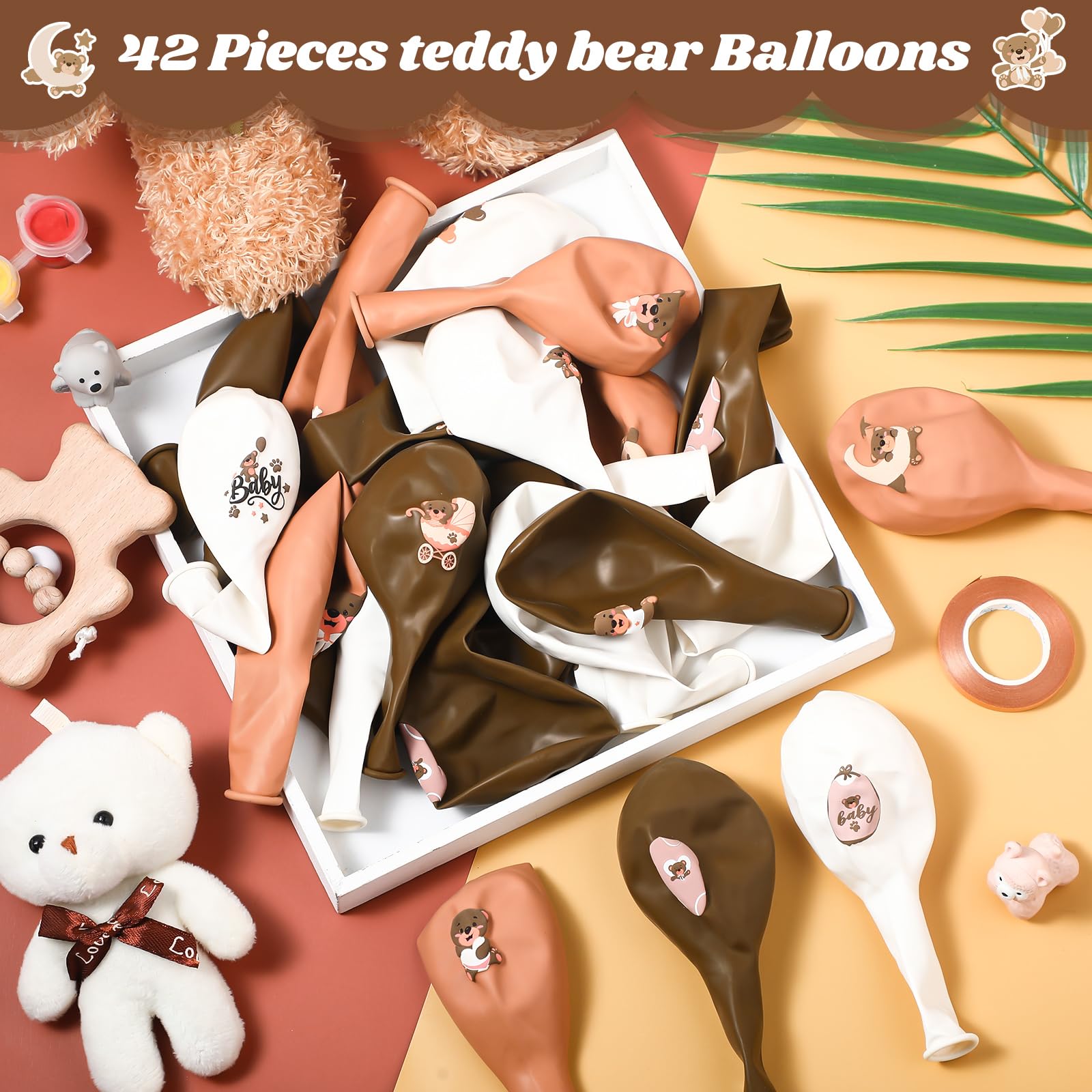 Glimin 42 Pieces Bear Balloons Set 24 Inch Bear Baby Shower Foil Balloons Cute Bear Shaped Balloons 12 Inch Brown Bear Latex Balloons for Bear Baby Shower Birthday Party Decoration Supplies