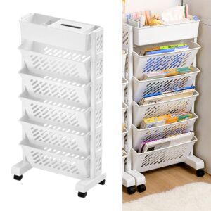 Movable Bookshelf Cart Rotatable Removable Plastic Multifunctional Rolling Cart Deskside Bookshelf Desk Organizer with Wheels (6 Layer)