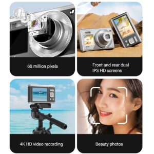 4K Digital Camera, 10X Optical Zoom Vlogging Selfie Camera Auto Focus with 2.88 Inch HD Screen for Beginners, 750mAh Anti Shake Travel Camera for Photography (Silver)
