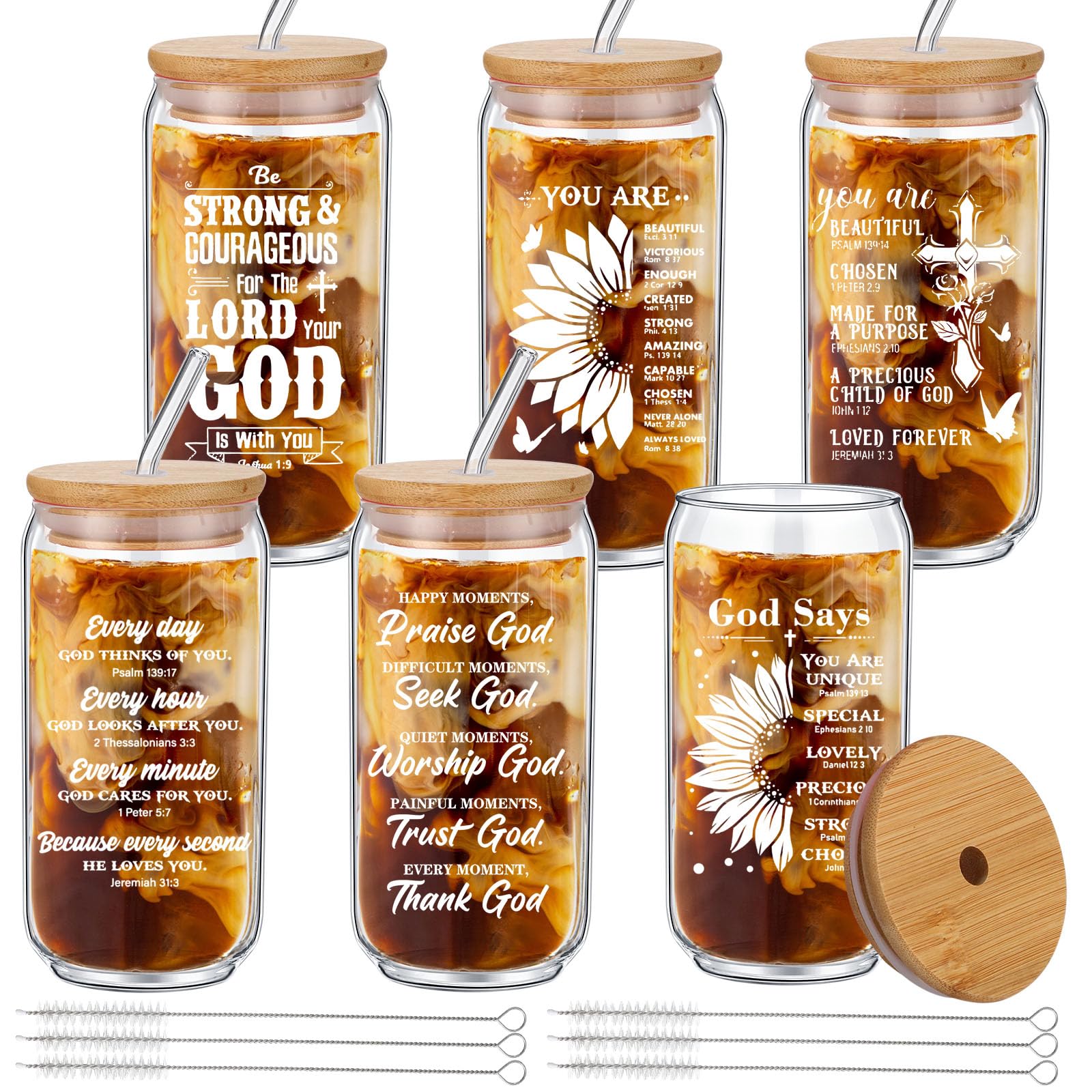 Suttmin 6 Pcs Christian Gifts for Women Religious Gifts Iced Coffee Cups, 16 Oz Drinking Glasses with Bamboo Lids and Straw Set Inspirational Birthday Gifts for Sister, Friend, Mom, Coworker