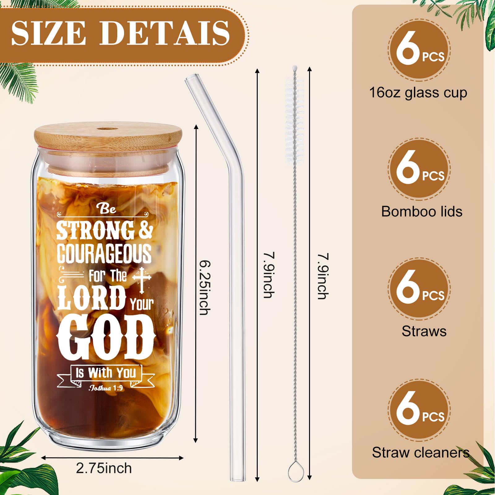 Suttmin 6 Pcs Christian Gifts for Women Religious Gifts Iced Coffee Cups, 16 Oz Drinking Glasses with Bamboo Lids and Straw Set Inspirational Birthday Gifts for Sister, Friend, Mom, Coworker