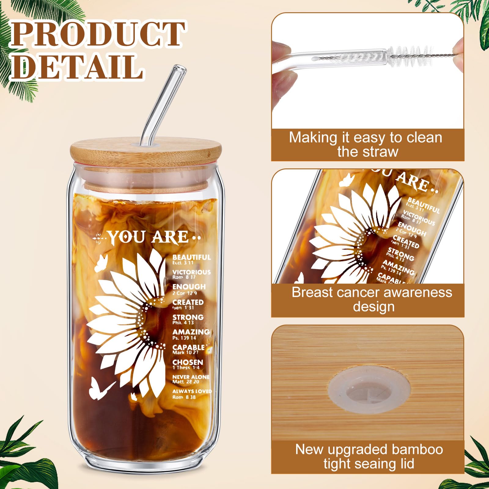 Suttmin 6 Pcs Christian Gifts for Women Religious Gifts Iced Coffee Cups, 16 Oz Drinking Glasses with Bamboo Lids and Straw Set Inspirational Birthday Gifts for Sister, Friend, Mom, Coworker