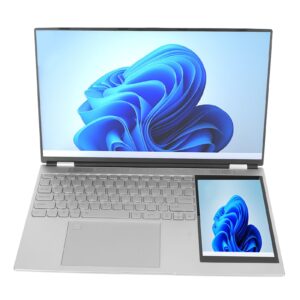 pomya 15.6 inch double screen laptop for windows10 11, 1920x1080 5g wifi business laptop with 7 inch hd touch screen for intel celeron n5105, 16gb ram, fingerprint unlock (16gb+128gb