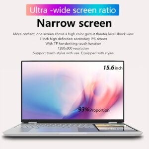 Pomya 15.6 Inch Double Screen Laptop for Windows10 11, 1920x1080 5G WiFi Business Laptop with 7 Inch HD Touch Screen for Intel Celeron N5105, 16GB RAM, Fingerprint Unlock (16GB+128GB