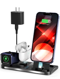 3 in 1 charging station, foldable charging stand for multiple apple devices compatible with iphone, iwatch, air pods, 18w fast charge portable travel charger with qc3.0 adapter