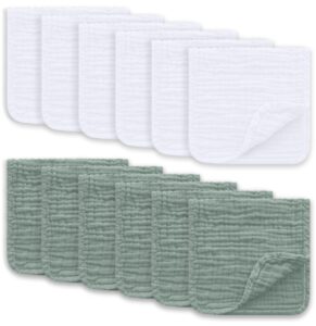 ease cubs muslin burp cloths large 100% cotton hand washcloths for boys & girls, baby essentials extra absorbent and soft burping rags for newborn registry (white & green, 12-pack, 20" x10")