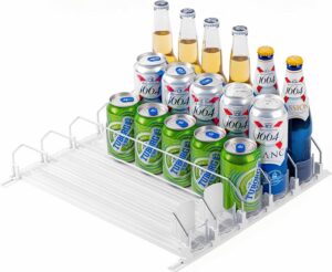 drink organizer for fridge, self-pushing soda can dispenser for refrigerator, pantry/kitchen organizer with width adjustable smart beverage pusher, 12oz to 20oz holds up to 15 cans (38cm/3rows)