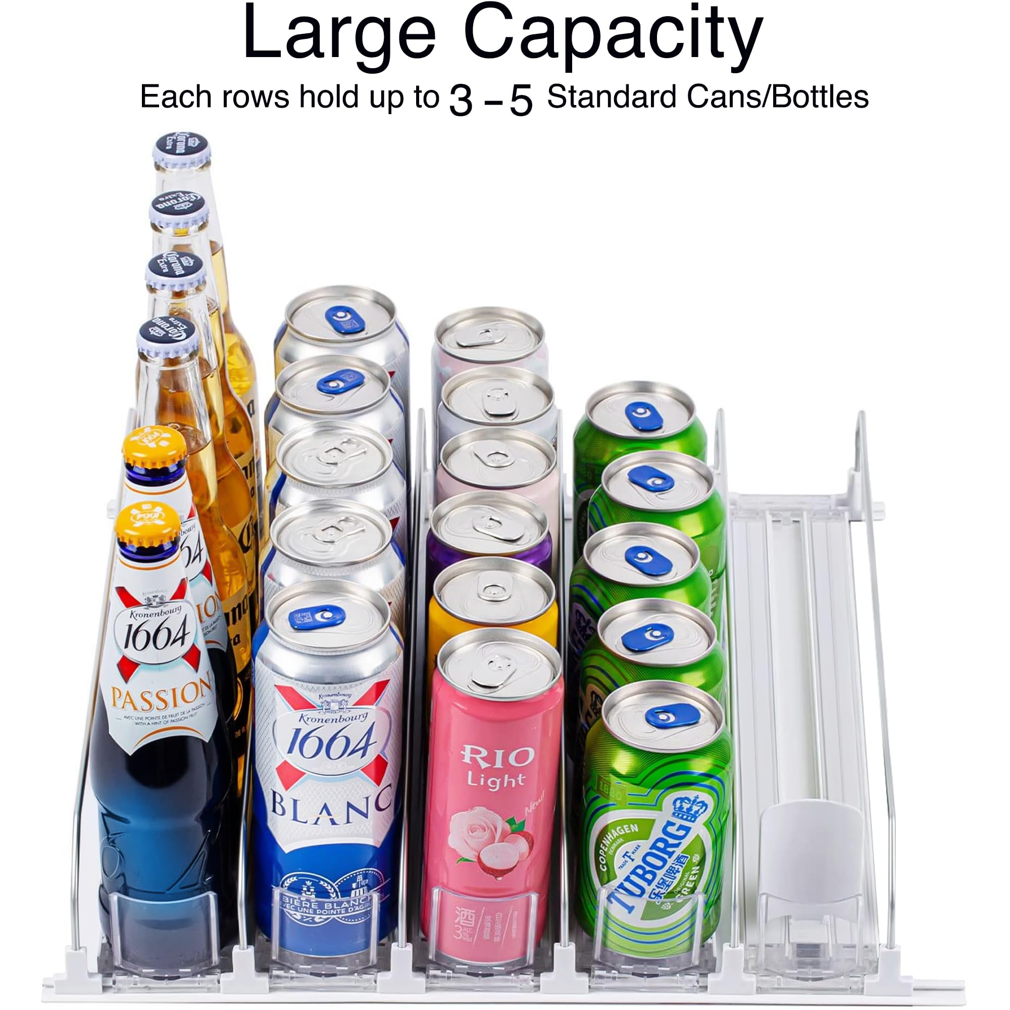 Drink Organizer for Fridge, Self-Pushing Soda Can Dispenser for Refrigerator, Pantry/Kitchen Organizer with Width Adjustable Smart Beverage Pusher, 12oz to 20oz Holds up to 15 Cans (38cm/3Rows)