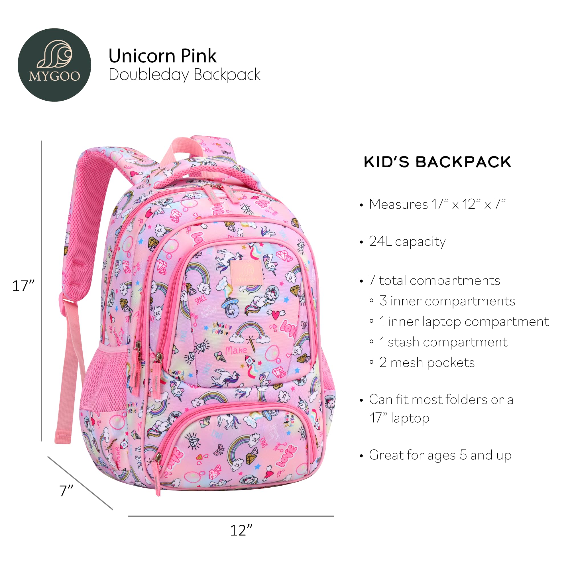 MYGOO Elementary School Backpack for Girls | Doubleday Collection | 17" Unicon Pink Design | Tailored for Young Teens