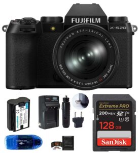 fujifilm x-s20 mirrorless digital camera with 18-55mm lens bundle, includes: sandisk 128gb extreme pro memory card, spare battery and more (6 items)
