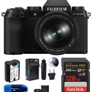 FUJIFILM X-S20 Mirrorless Digital Camera with 18-55mm Lens Bundle, Includes: SanDisk 128GB Extreme PRO Memory Card, Spare Battery and More (6 Items)