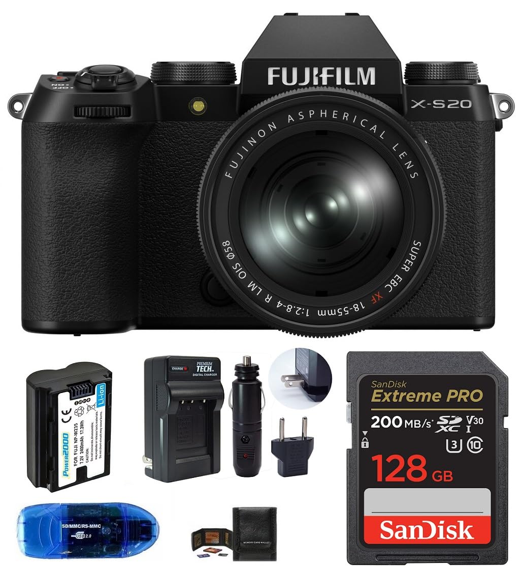 FUJIFILM X-S20 Mirrorless Digital Camera with 18-55mm Lens Bundle, Includes: SanDisk 128GB Extreme PRO Memory Card, Spare Battery and More (6 Items)