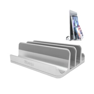 bequ 4-in-1 vertical laptop stand/holder (silver), 2 laptops/2 phones simultaneously, heavy duty aluminum, anti-slip silicone pad, adjustable, fits all ipads/tablets/cell phones/laptops (4 slot)