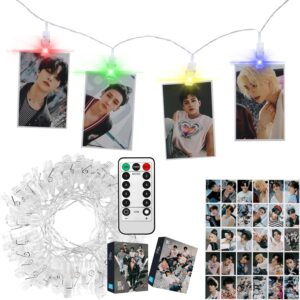 etel like stray kids merch 4 colors led clip light with big photocards, remote control 10ft 20led and 30pcs 3.1‘’x 4.7‘’ lomo card, home room decoration for gifts