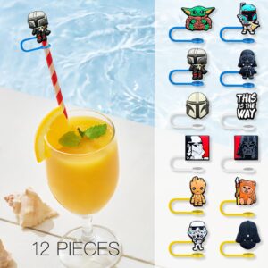 12Pcs Straw Cover Cap for Cup, Reusable Straw Topper for 30&40 Oz Tumbler, Cute Superhero Straw Tip Covers for Cups Accessories (Black)