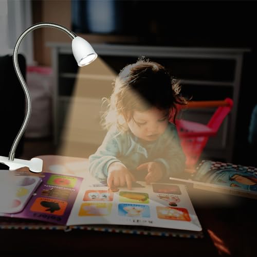 Desk lamp Eye-Caring Table Lamps, 360°Rotation Gooseneck Clip on Lamp Reading Light, Portable Reading Book Light, Clamp Light, Study Desk Lamps for Bedroom and Office Home Lighting (White-C01)