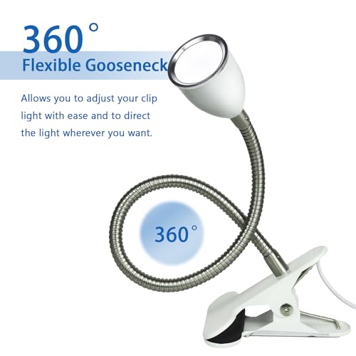 Desk lamp Eye-Caring Table Lamps, 360°Rotation Gooseneck Clip on Lamp Reading Light, Portable Reading Book Light, Clamp Light, Study Desk Lamps for Bedroom and Office Home Lighting (White-C01)