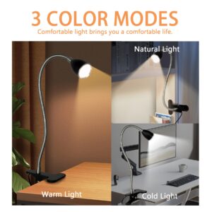 Desk lamp Eye-Caring Table Lamps, 360°Rotation Gooseneck Clip on Lamp Reading Light, Portable Reading Book Light, Clamp Light, Study Desk Lamps for Bedroom and Office Home Lighting (Black-C01)