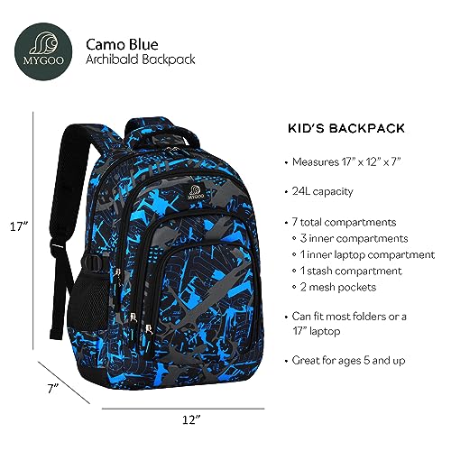 MYGOO Boys Vibrant School Backpack | Archibald Collection | 17" Tall 24L | Camo Blue