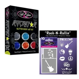 rock n rollin stencil set and rock star glitter tatto kit - hypoallergenic and dermatologist tested! - with 6 large glitters & 12 stencils for temporary tattoos