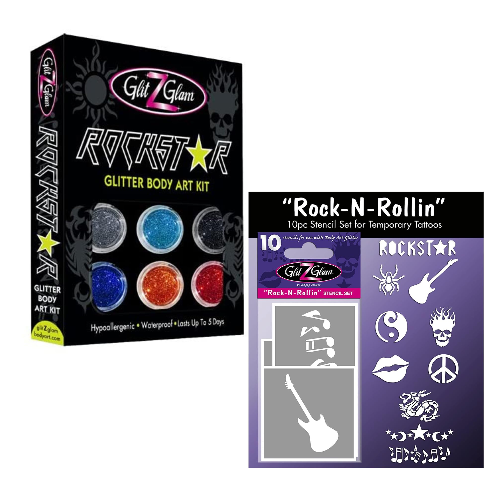 Rock N Rollin Stencil Set and Rock Star Glitter Tatto Kit - HYPOALLERGENIC and DERMATOLOGIST TESTED! - with 6 Large Glitters & 12 Stencils for Temporary Tattoos