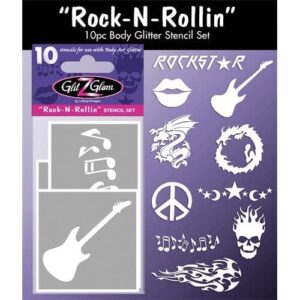 Rock N Rollin Stencil Set and Rock Star Glitter Tatto Kit - HYPOALLERGENIC and DERMATOLOGIST TESTED! - with 6 Large Glitters & 12 Stencils for Temporary Tattoos