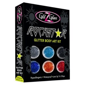 Rock N Rollin Stencil Set and Rock Star Glitter Tatto Kit - HYPOALLERGENIC and DERMATOLOGIST TESTED! - with 6 Large Glitters & 12 Stencils for Temporary Tattoos