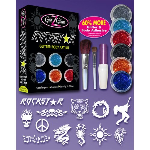 Rock N Rollin Stencil Set and Rock Star Glitter Tatto Kit - HYPOALLERGENIC and DERMATOLOGIST TESTED! - with 6 Large Glitters & 12 Stencils for Temporary Tattoos