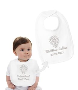 personalized baby christening embroidered baby bib - customized cotton baby bib with embroidered cross, name & baptism date