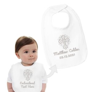 Personalized Baby Christening Embroidered Baby Bib - Customized Cotton Baby Bib with Embroidered Cross, Name & Baptism Date