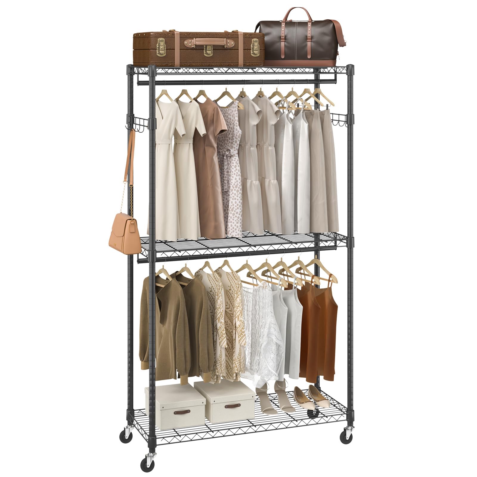 VEVOR Heavy Duty Clothes Rack, Rolling Clothing Garment Rack with 3 Storage Tiers, 2 Rods and 2 Pairs Side Hooks, Adjustable Height Clothing Rack Closet for Hanging Clothes, 400 Lbs Load Capacity