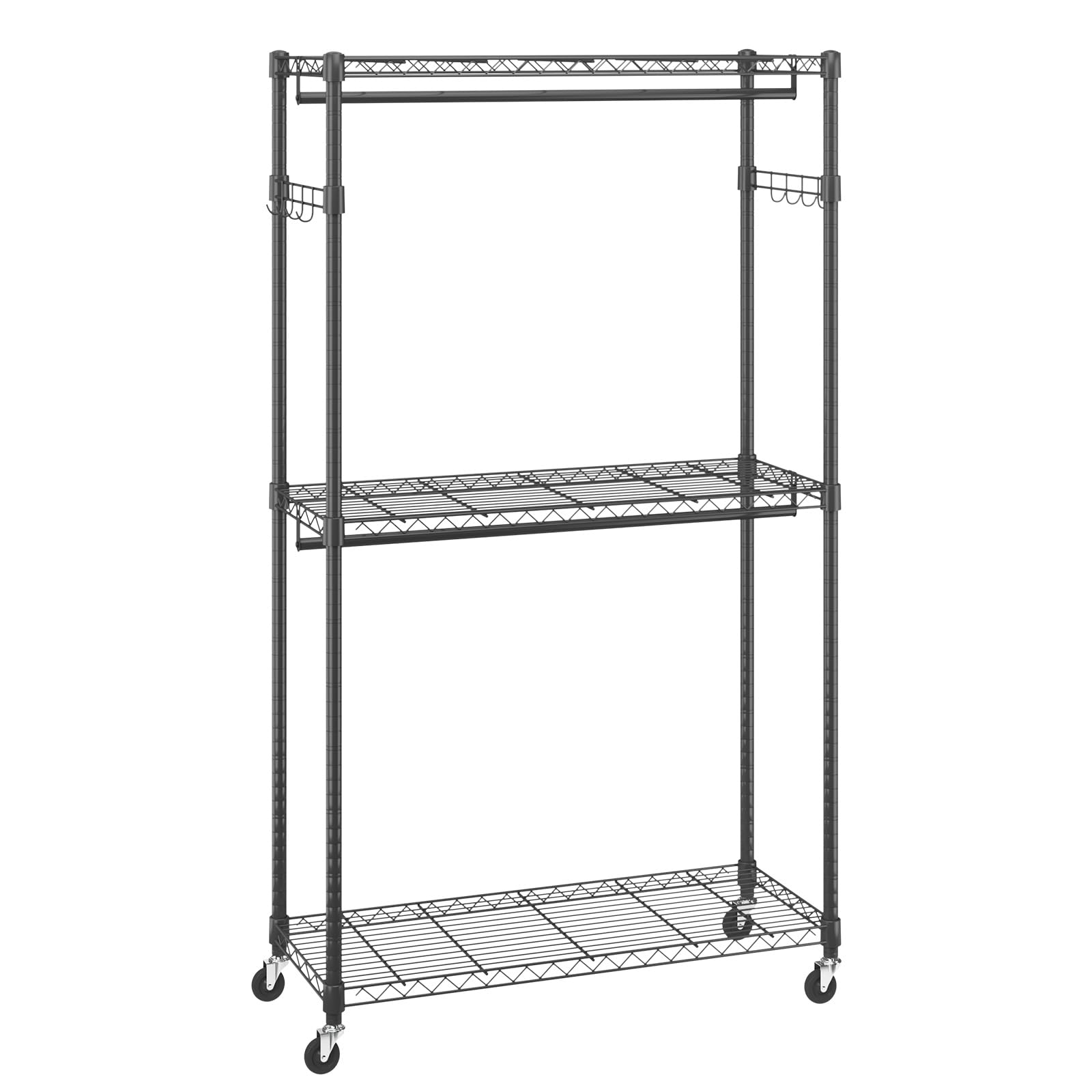 VEVOR Heavy Duty Clothes Rack, Rolling Clothing Garment Rack with 3 Storage Tiers, 2 Rods and 2 Pairs Side Hooks, Adjustable Height Clothing Rack Closet for Hanging Clothes, 400 Lbs Load Capacity