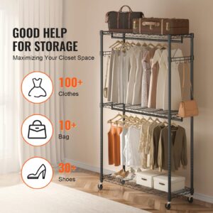 VEVOR Heavy Duty Clothes Rack, Rolling Clothing Garment Rack with 3 Storage Tiers, 2 Rods and 2 Pairs Side Hooks, Adjustable Height Clothing Rack Closet for Hanging Clothes, 400 Lbs Load Capacity