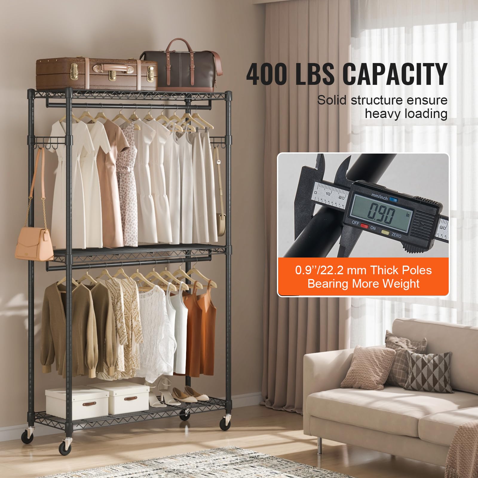 VEVOR Heavy Duty Clothes Rack, Rolling Clothing Garment Rack with 3 Storage Tiers, 2 Rods and 2 Pairs Side Hooks, Adjustable Height Clothing Rack Closet for Hanging Clothes, 400 Lbs Load Capacity