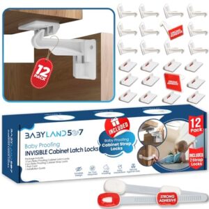 invisible drawer safety child proof cabinet latches - 12pack drawer locks baby proofing cupboard child safety latch with 2pack toddler proofing strap locks - easy to install baby proof cabinet latches