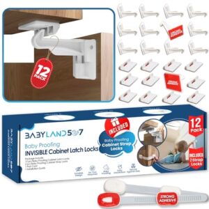 Invisible Drawer Safety Child Proof Cabinet Latches - 12Pack Drawer Locks Baby Proofing Cupboard Child Safety Latch with 2Pack Toddler Proofing Strap Locks - Easy to Install Baby Proof Cabinet Latches