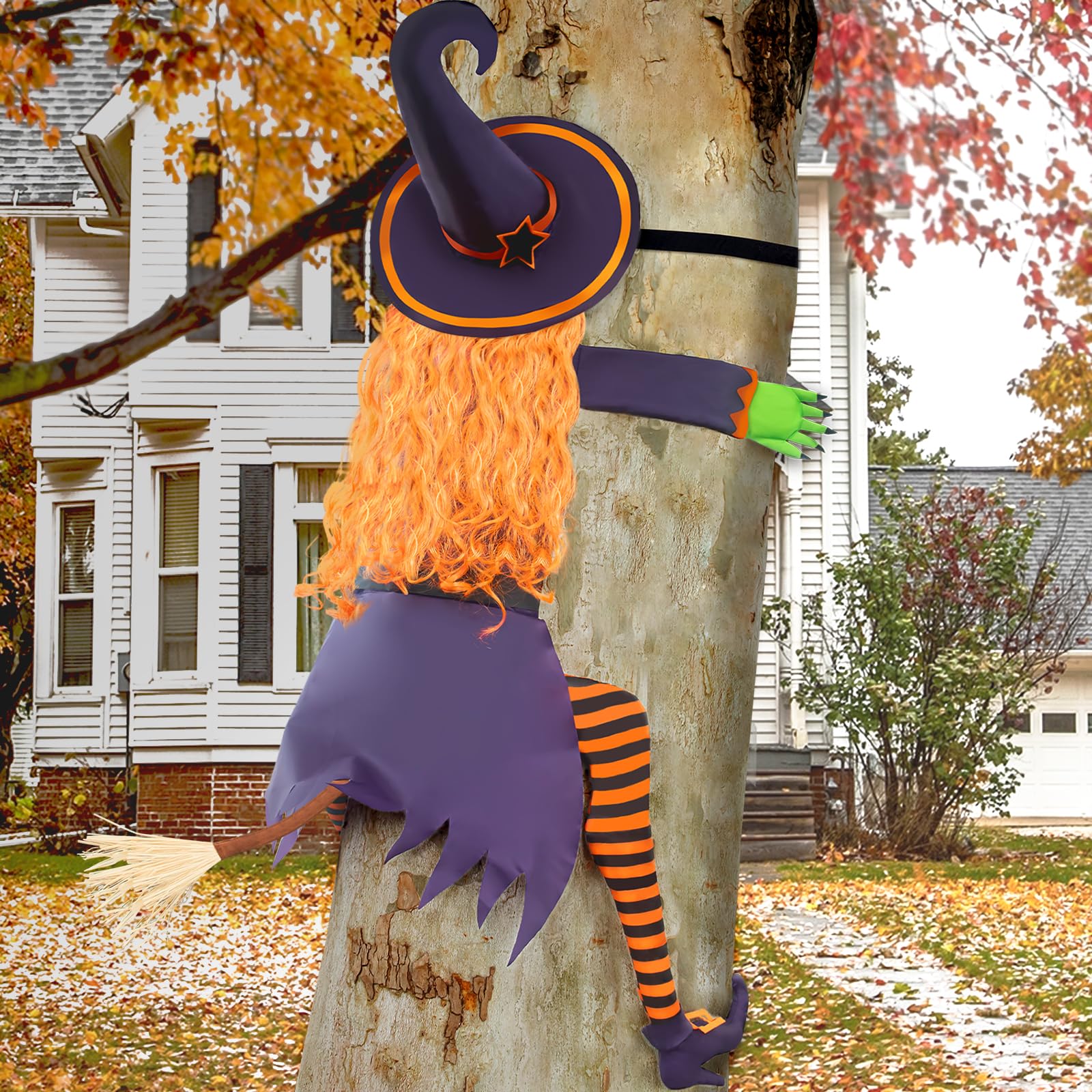 Large Flying Witch Halloween Decor, 63" H Halloween Witch Crashing into Tree Decorations, Funny Halloween Outdoor Tree Decorations for Yard Lawn Porch Garden Outside Hanging Props Party Supplies