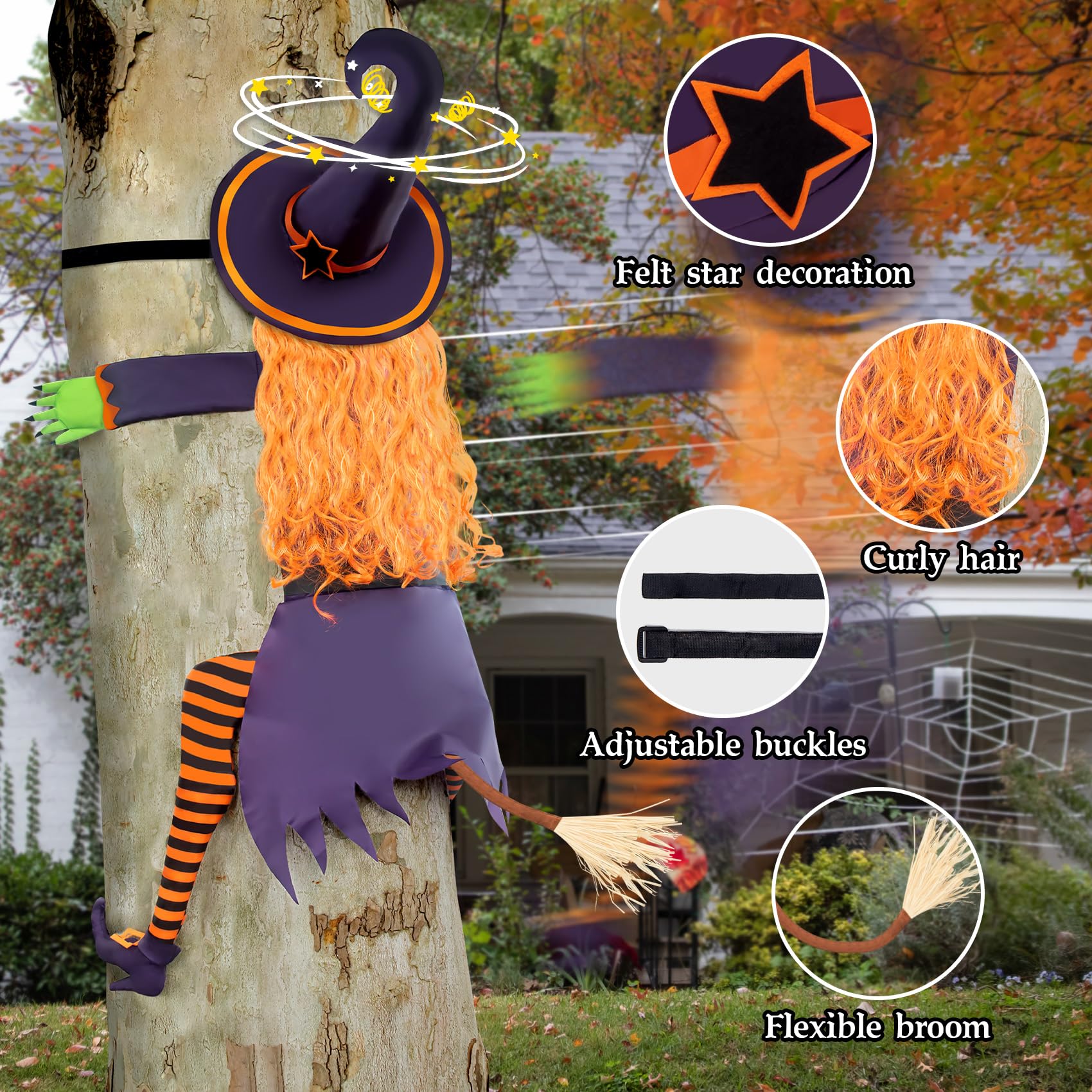 Large Flying Witch Halloween Decor, 63" H Halloween Witch Crashing into Tree Decorations, Funny Halloween Outdoor Tree Decorations for Yard Lawn Porch Garden Outside Hanging Props Party Supplies