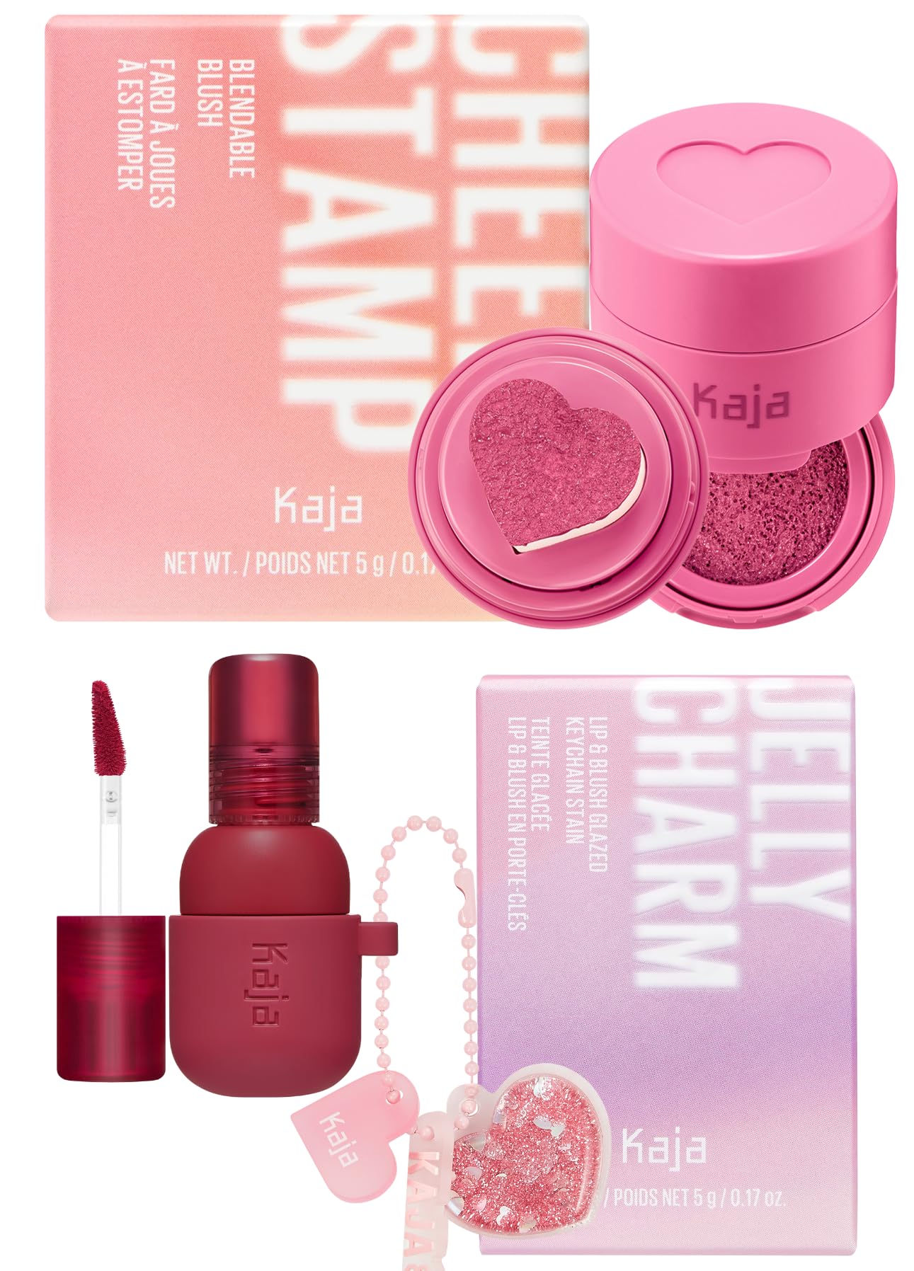 Kaja Blush - Cheeky Stamp, 04 Feisty, 0.17 Oz + Lip & Blush Glazed Keychain Stain - Jelly Charm 02 Squeeze Guava Bundle