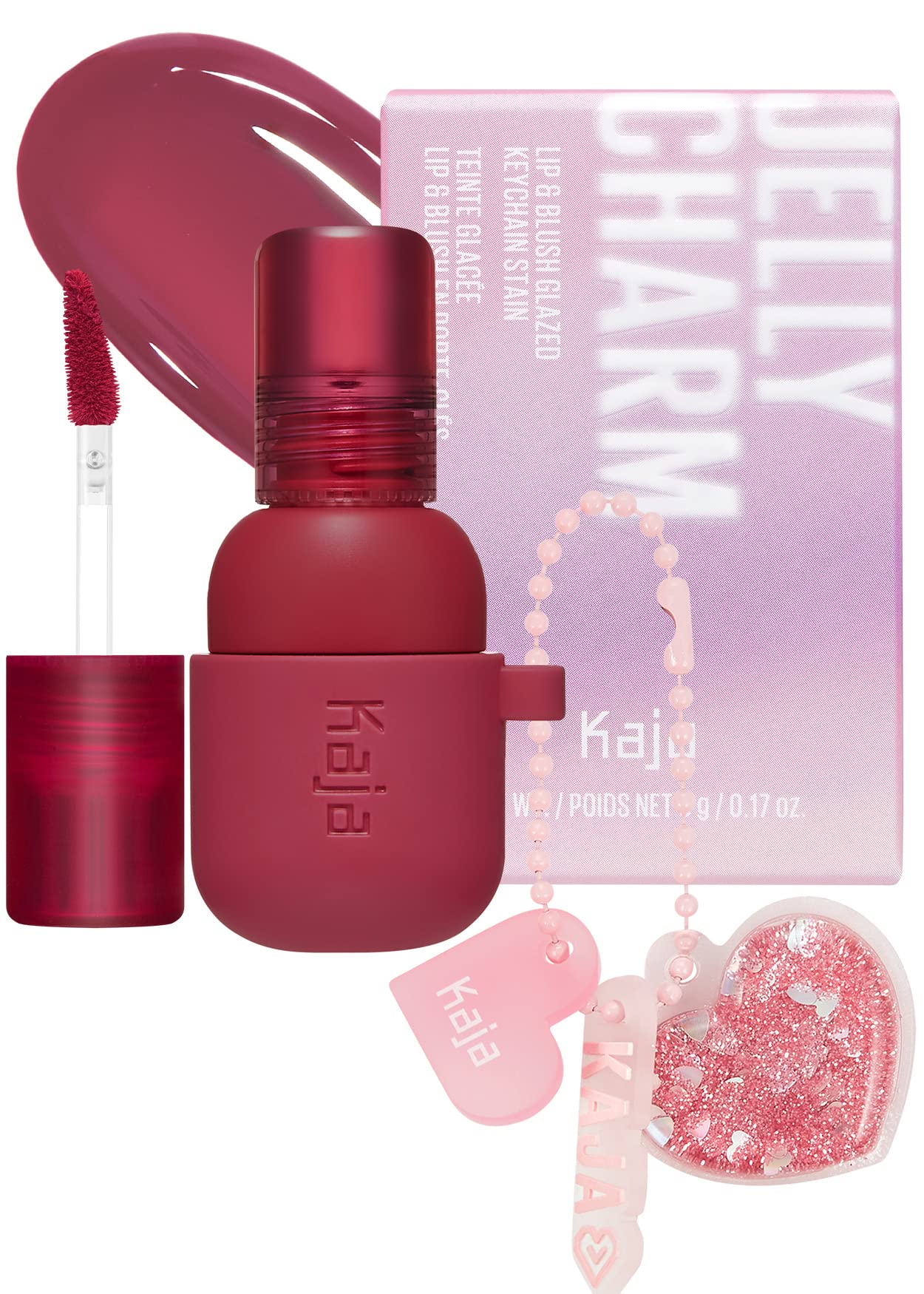 Kaja Blush - Cheeky Stamp, 04 Feisty, 0.17 Oz + Lip & Blush Glazed Keychain Stain - Jelly Charm 02 Squeeze Guava Bundle