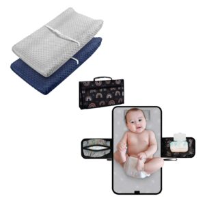 Ultra Soft Minky Dots Plush Changing Table Covers and Travel Baby Changing Pad with Wipes Pocket