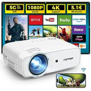 projector with wifi and bluetooth, 5g wifi 4k supported native 1080p 14000l, agreago portable outdoor projector with screen, home theater projector compatible with tv stick/ios/android/win/hdmi/usb