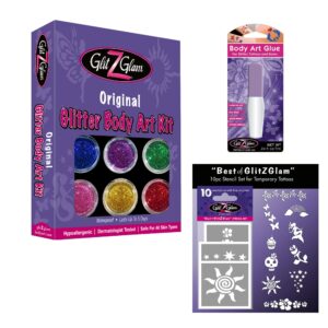 best of glitzglam stencit set, body adhesive and glitter tattoo kit original - with 6 large glitters & 12 stencils - hypoallergenic and dermatologist tested! - for boys & girls. children tattoos by gl